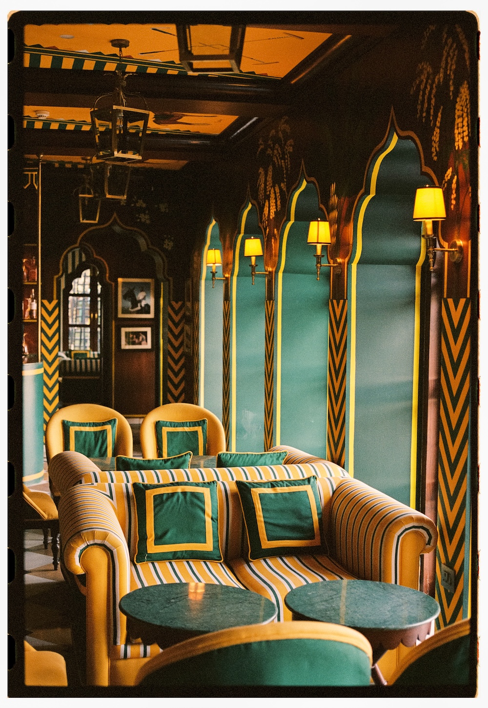 Green and yellow interior at Polo Palladio, Jaipur