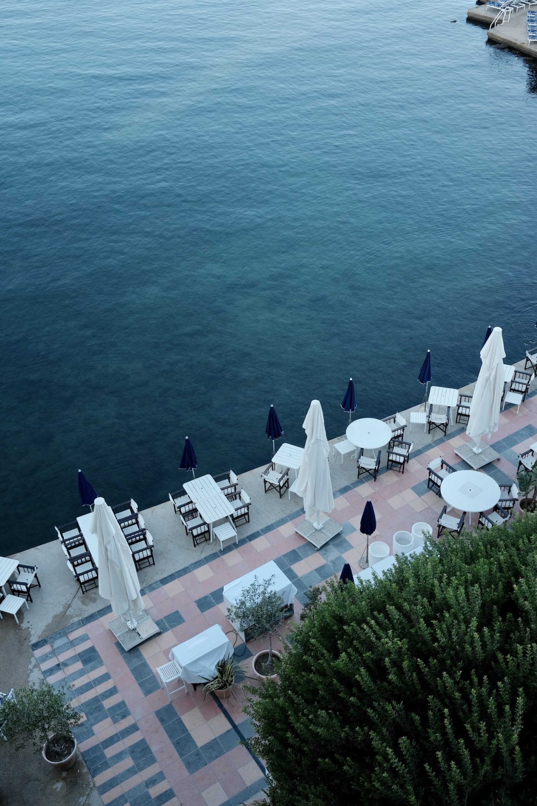 The seaside terrace of La Plage Belles Rives seen from above