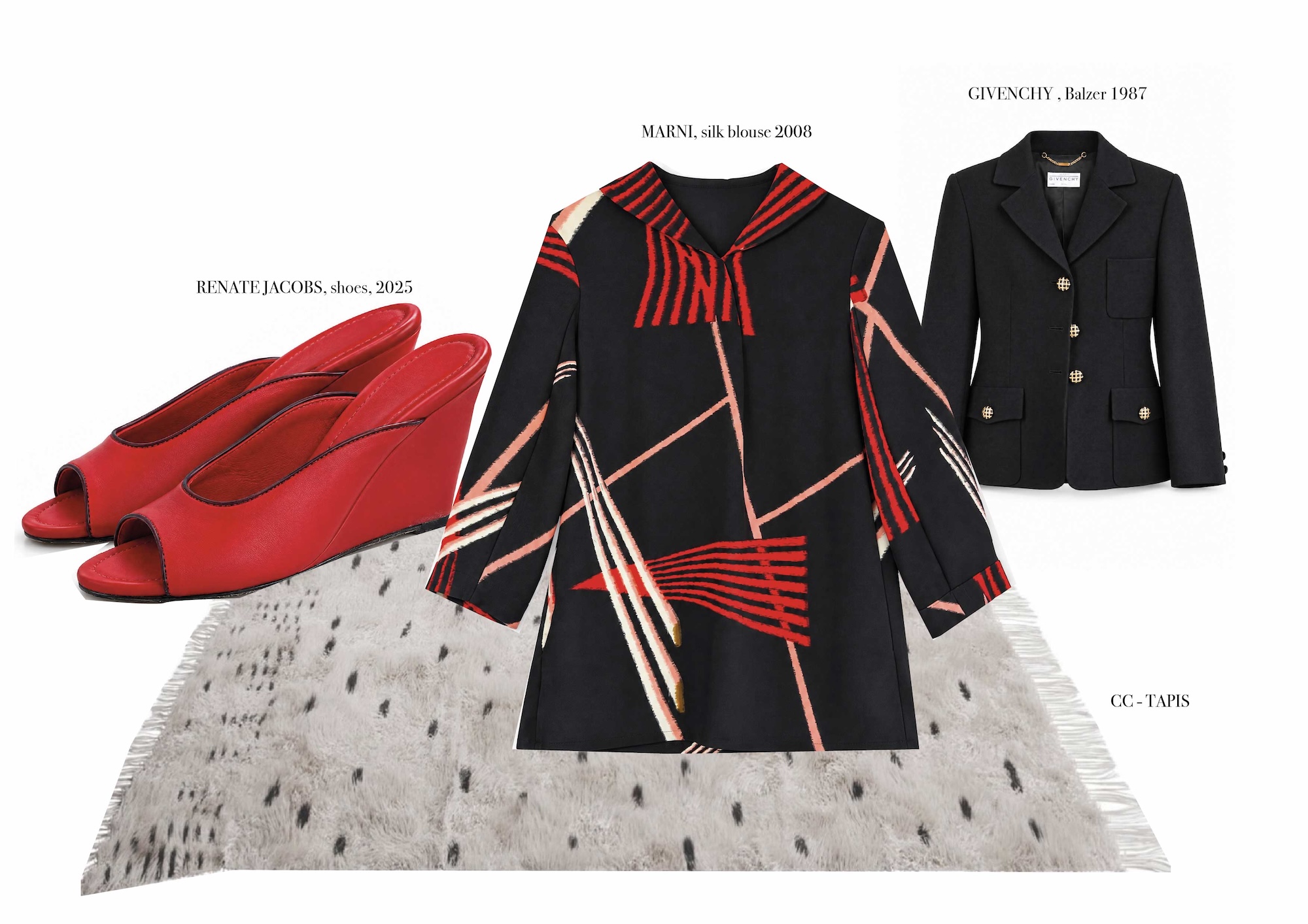 Renate Jacobs shoes, Marni silk blouse and Givenchy blazer on a CC Tapis rug