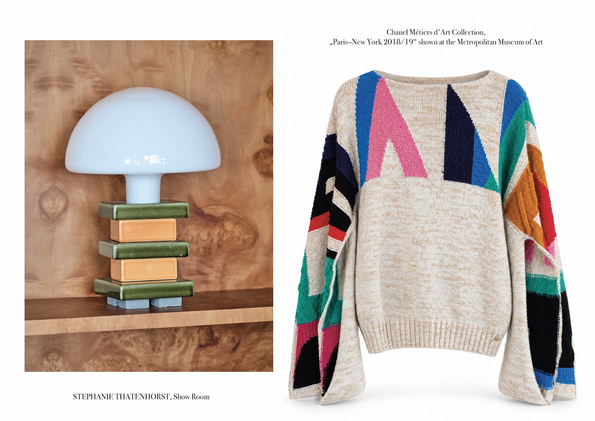 Ceramic table lamp in the showroom and a Chanel Metiers d'Art jumper