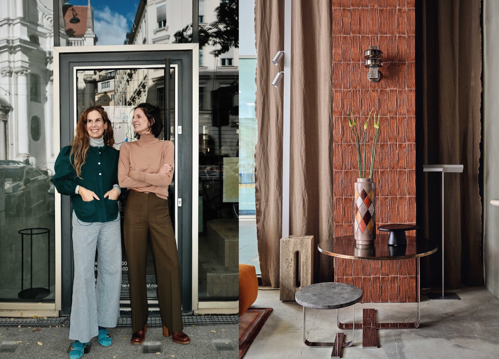 Two women at the showroom door and a tiled column with a harlequin vase inside