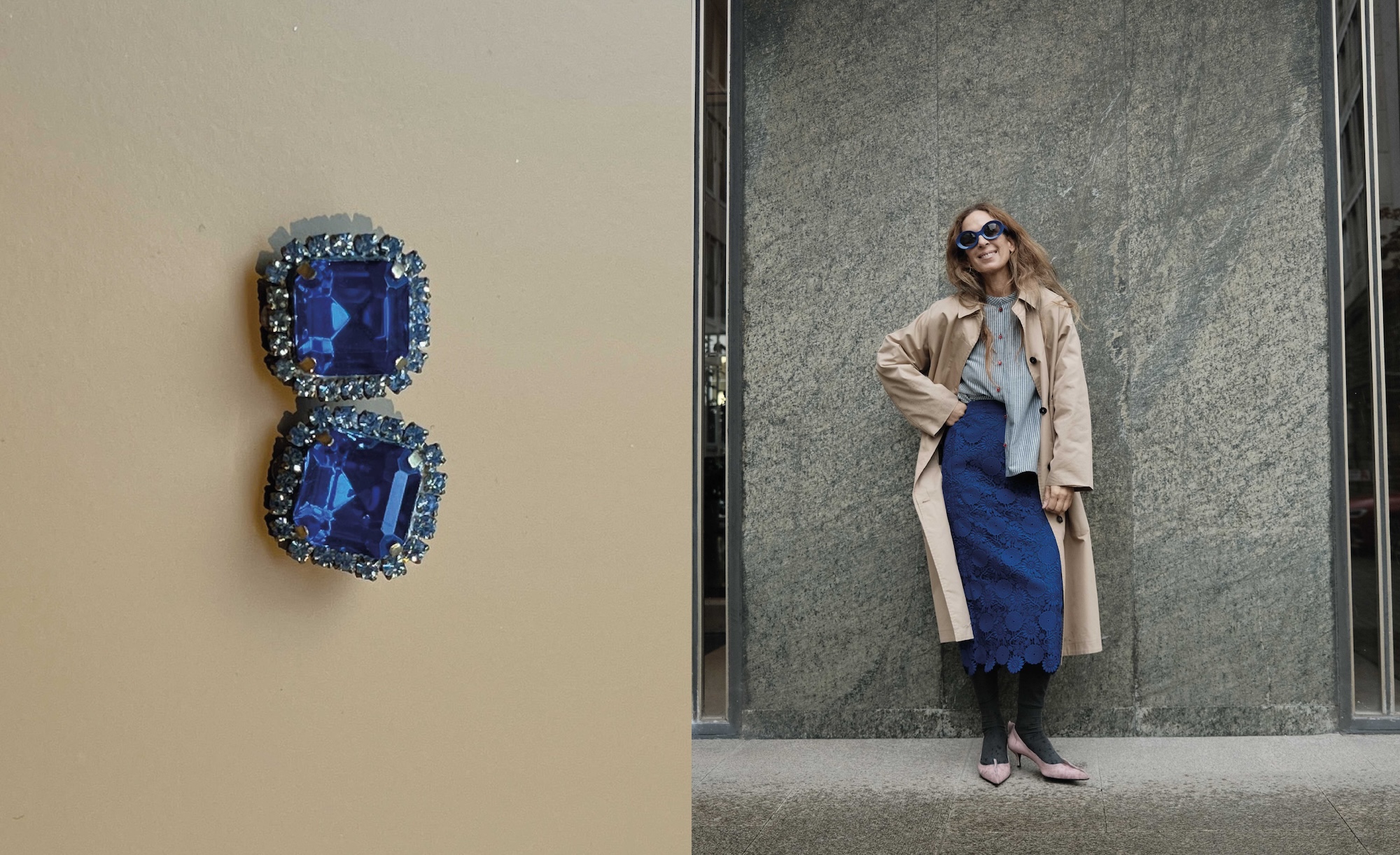 Blue vintage clip earrings and a woman in a trench coat and blue lace pencil skirt