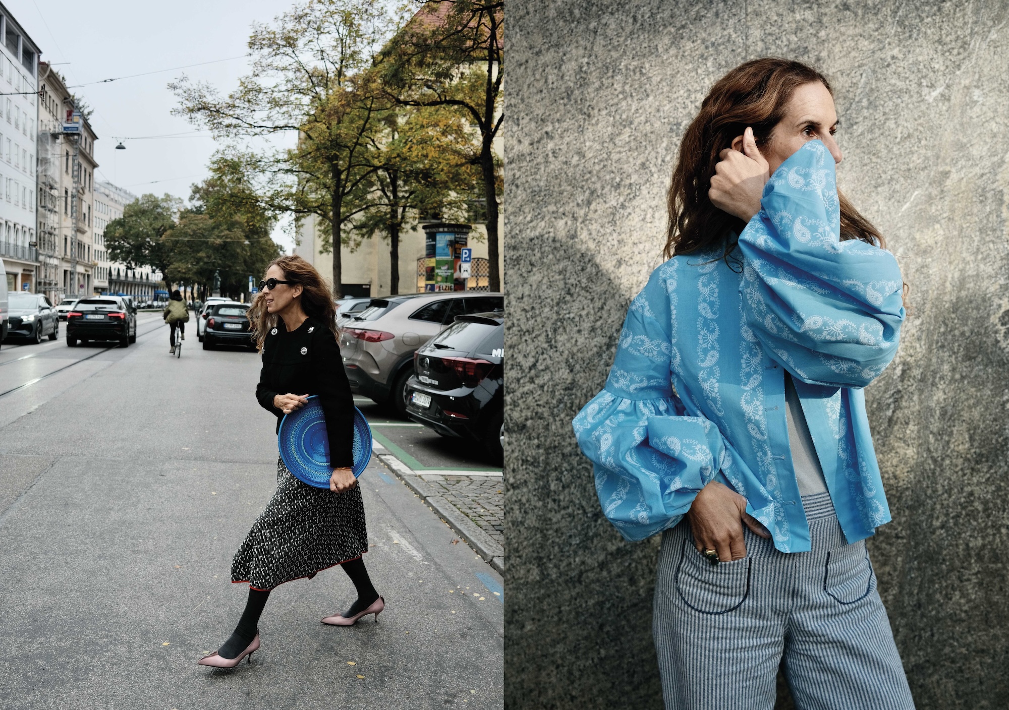 A woman crossing the street with a blue ceramic platter and a woman in a paisley blouse with balloon sleeves