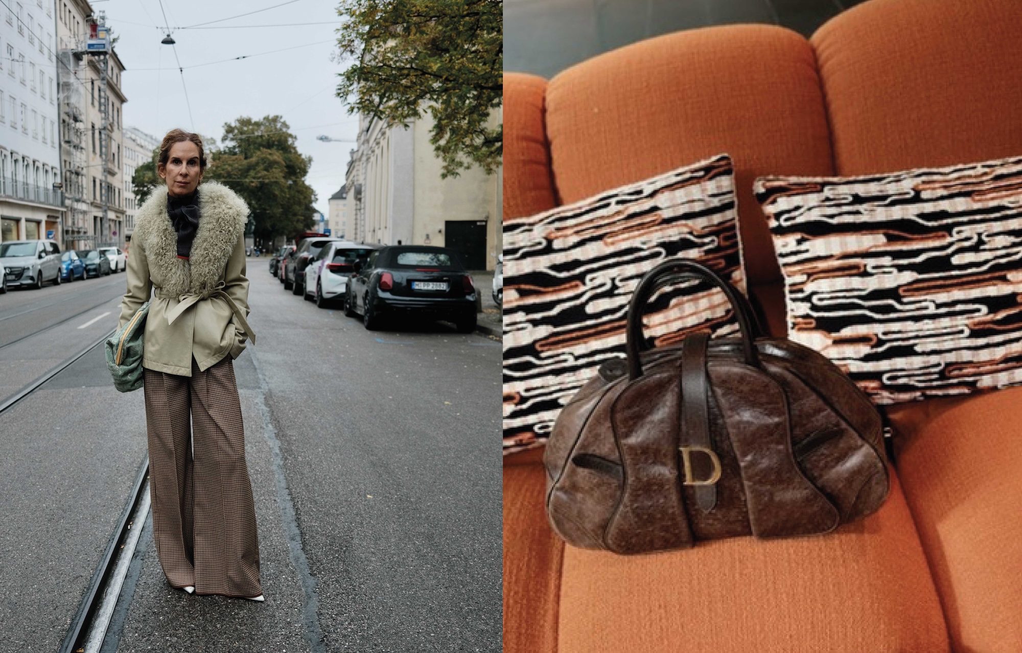 A woman in a jacket with a curly lamb collar and a vintage Dior bag on an orange sofa