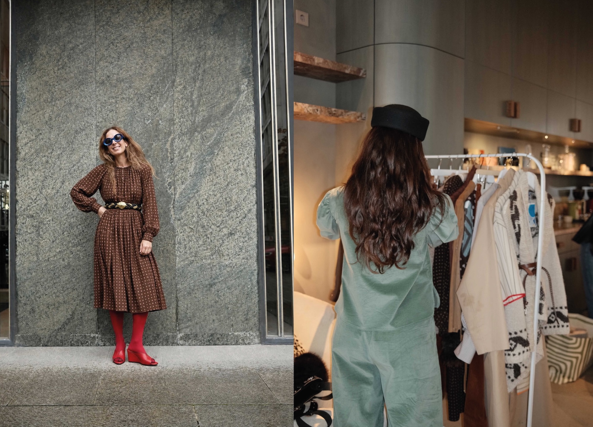 A woman in a brown print dress and red tights and a guest browsing a clothing rail